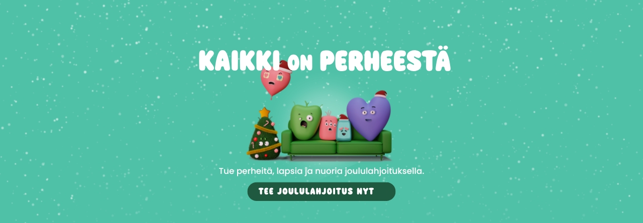 Kaikki on perheestä -kampanjakuva, jossa hahmot istuvat sohvalla.