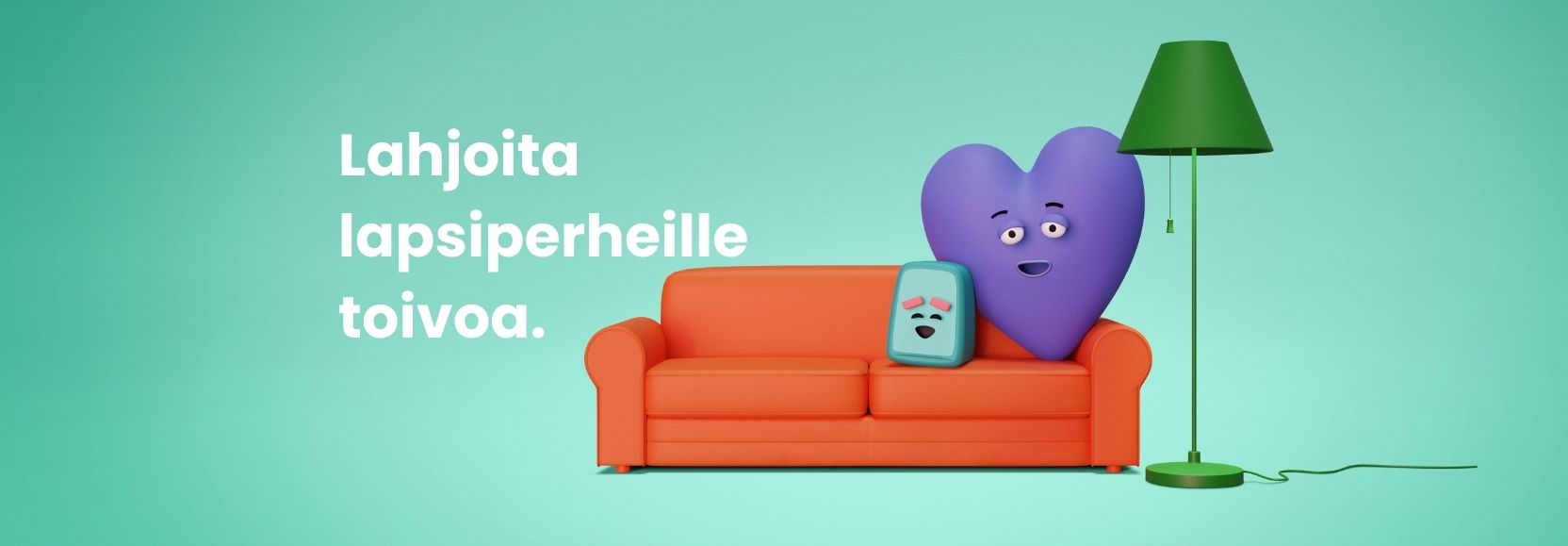 Iso ja pieni hahmo sohvalla rinnakkain.